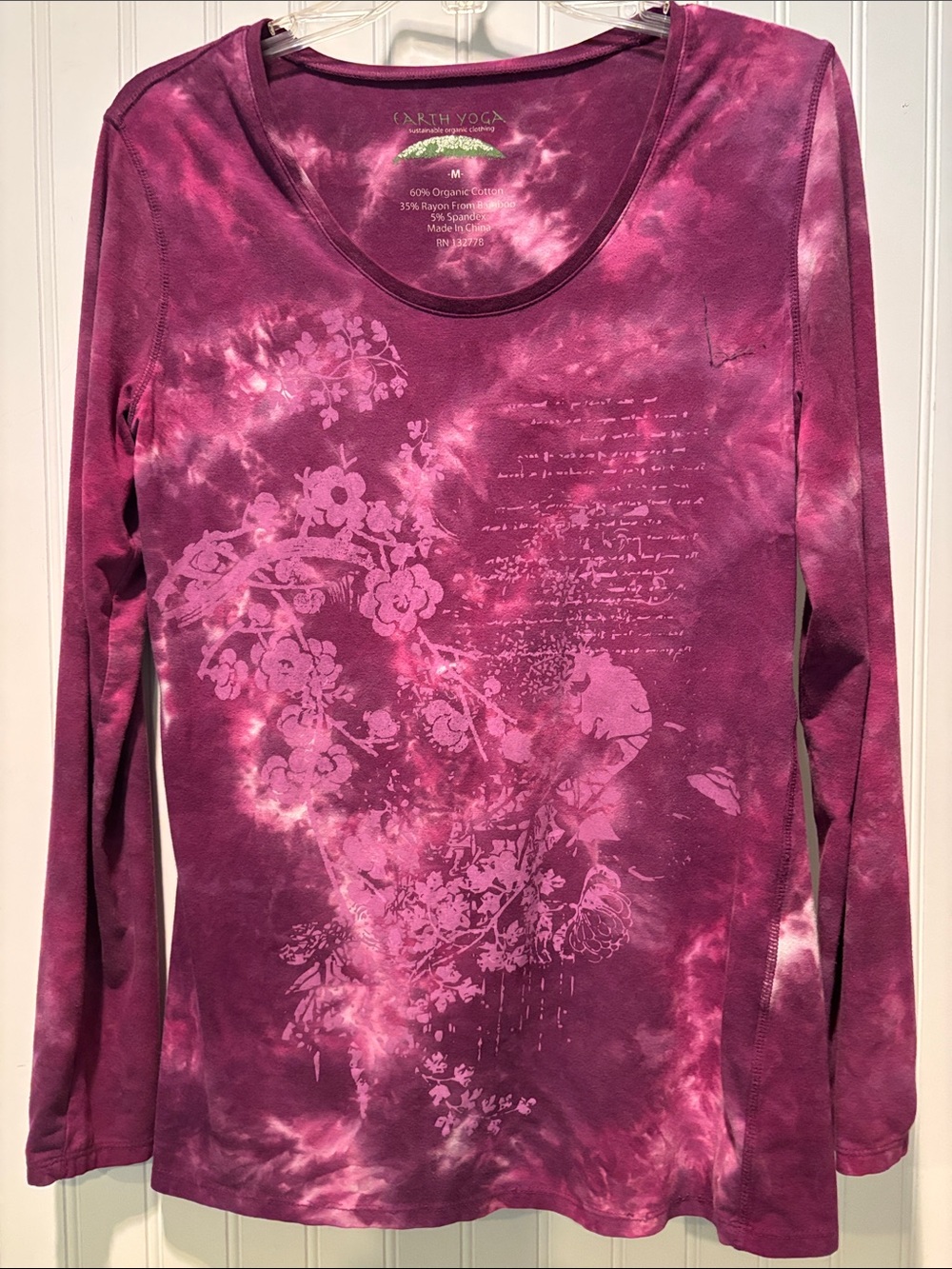 Earth Yoga Plum Tie-Dye Long Sleeve Top with Floral and Script Graphic Overlay M